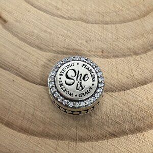 Pandora She is LOVED WOKTHY STRONG FEARIESS Charm, S925 Silver Jewelry